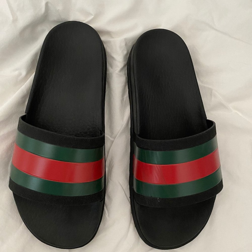 Gucci Striped Rubber Lug Sole Slides - Authentic
